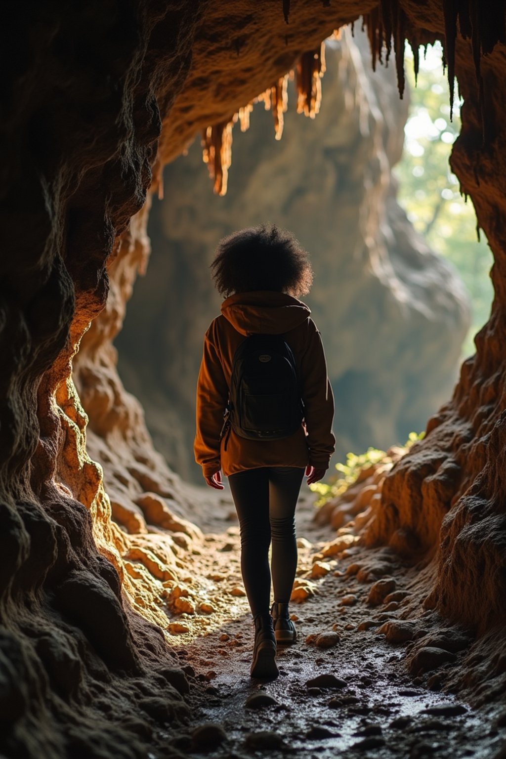 woman as individual hiking through an impressive cave system