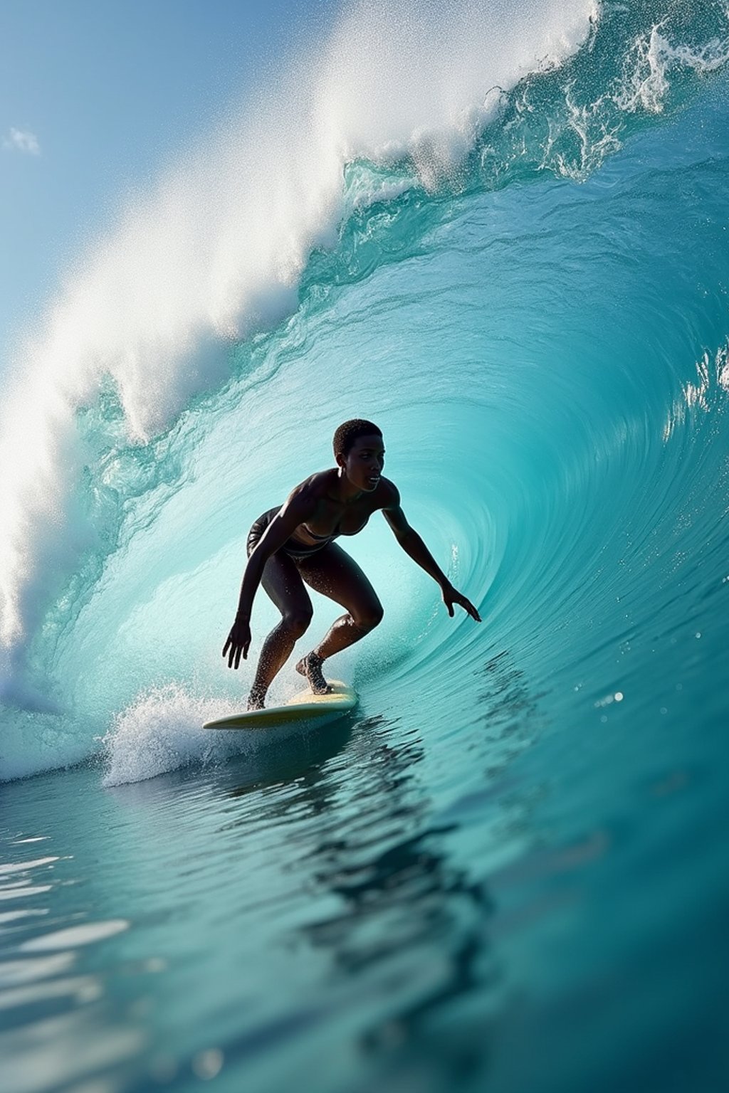 woman as individual surfing a massive wave in a clear, blue ocean