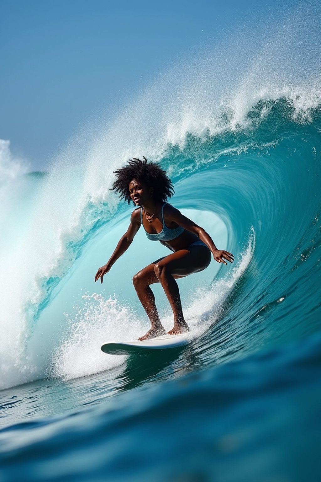 woman as individual surfing a massive wave in a clear, blue ocean