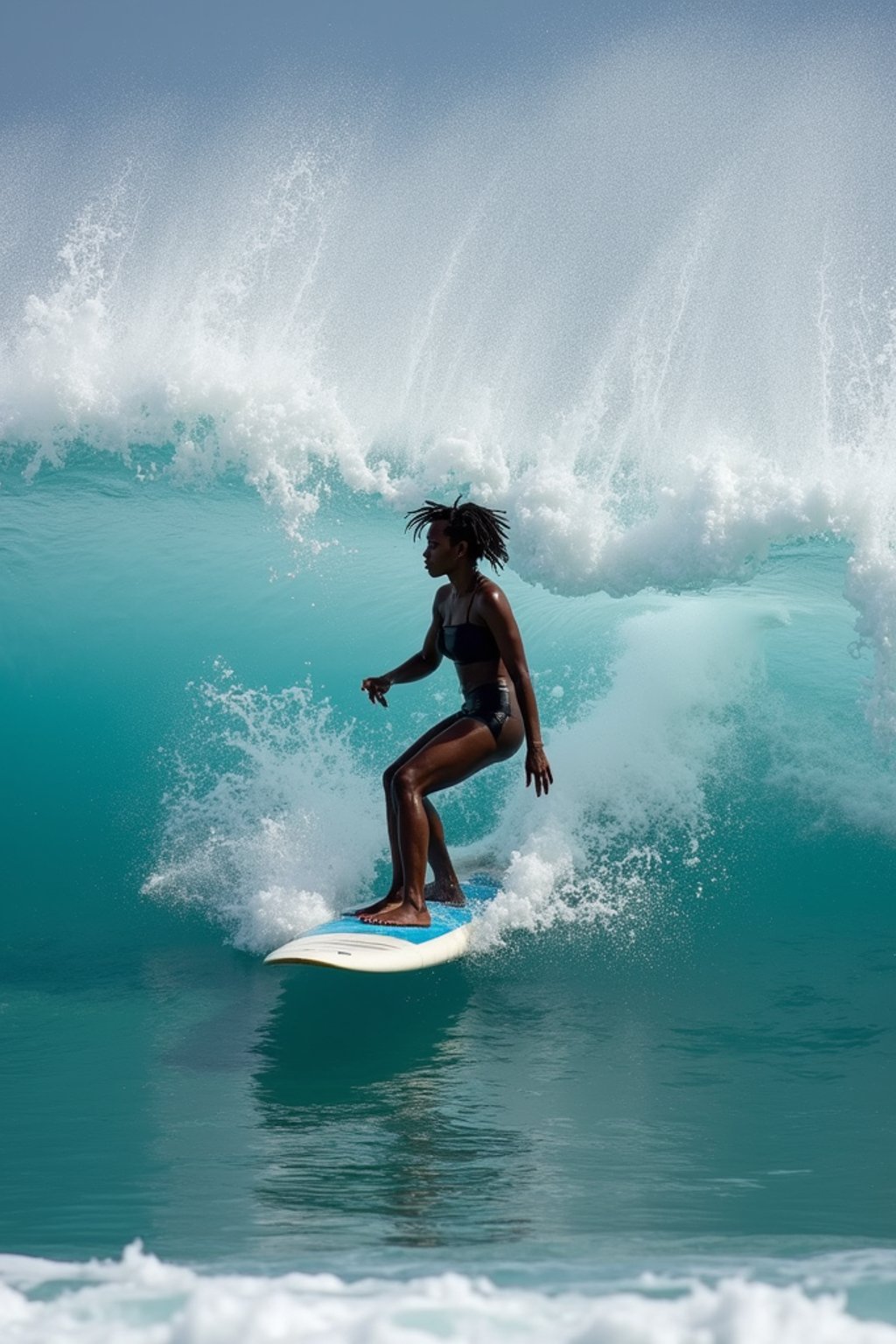 woman as individual surfing a massive wave in a clear, blue ocean