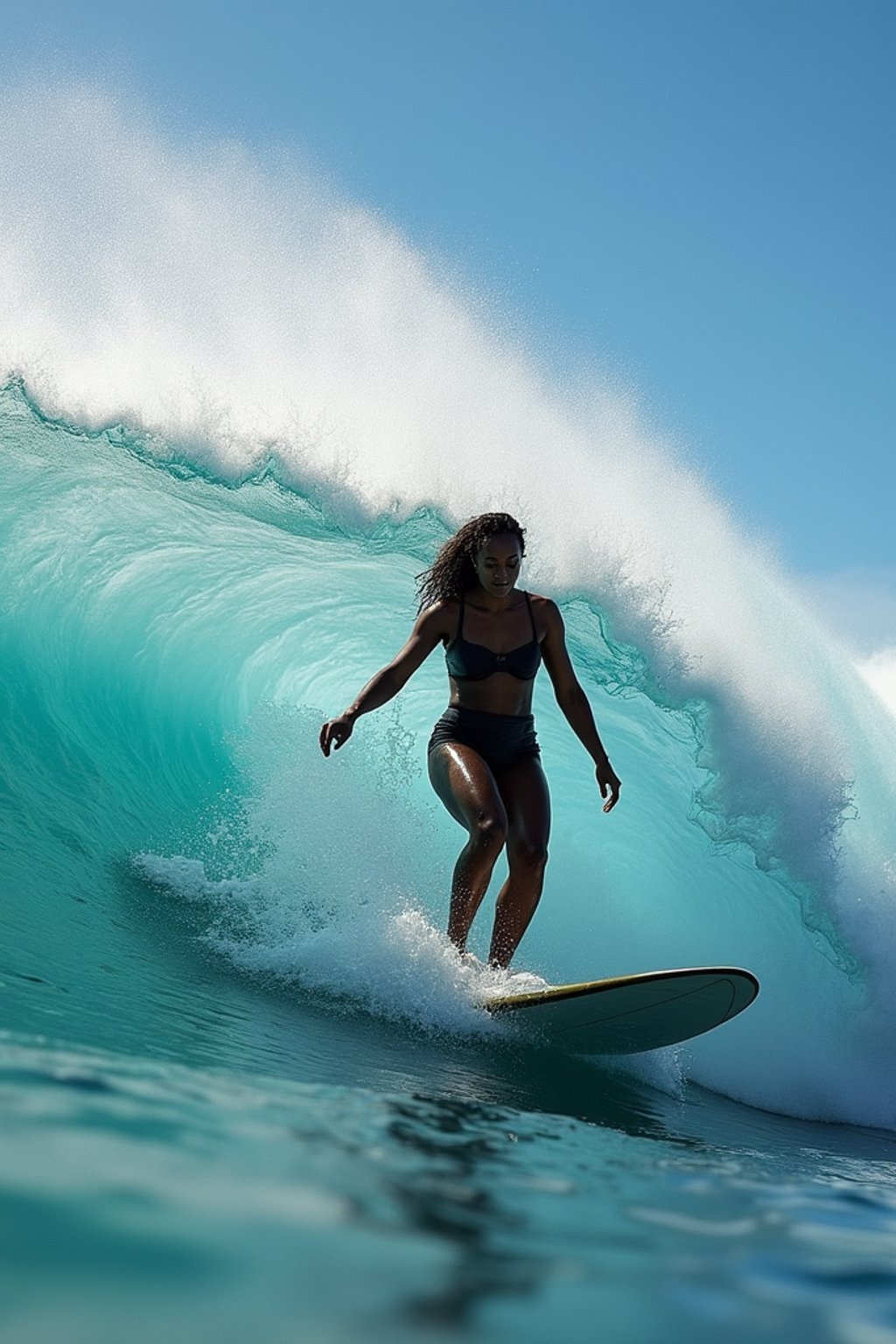 woman as individual surfing a massive wave in a clear, blue ocean