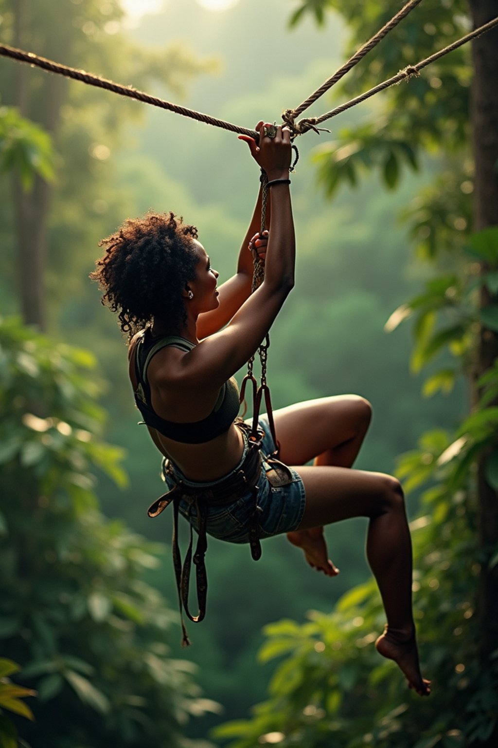 woman zip-lining through a tropical rainforest canopy