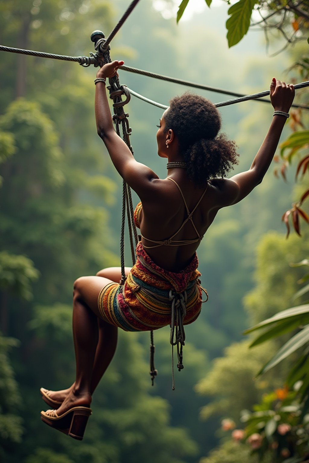 woman zip-lining through a tropical rainforest canopy