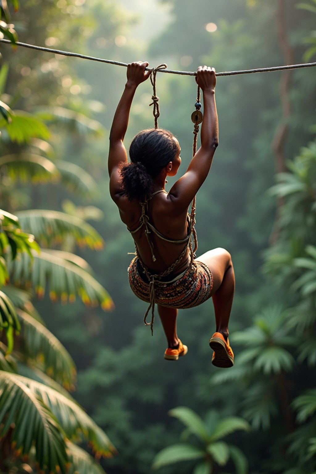 woman zip-lining through a tropical rainforest canopy