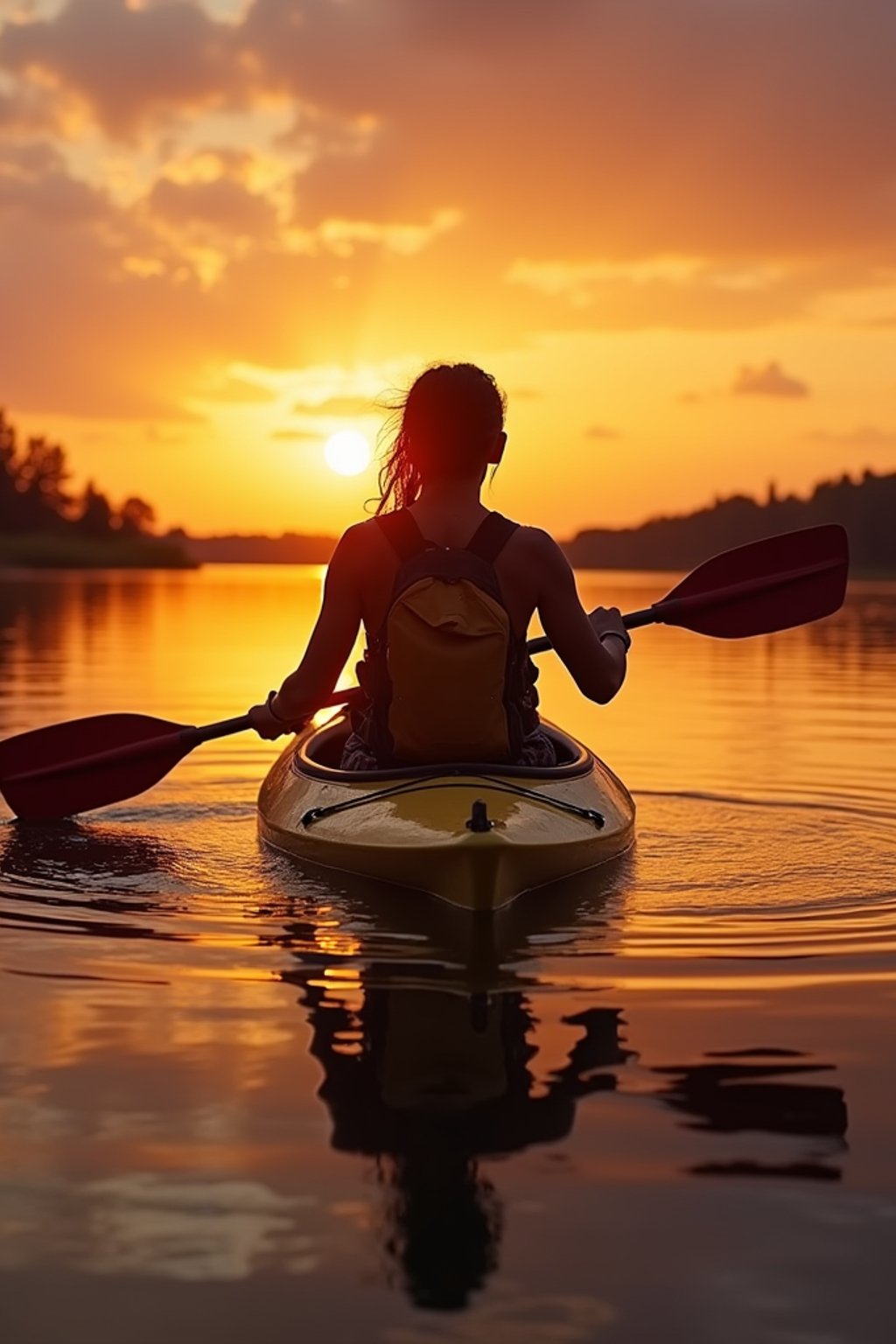 woman as explorer kayaking in a serene lake with a mesmerizing sunset backdrop