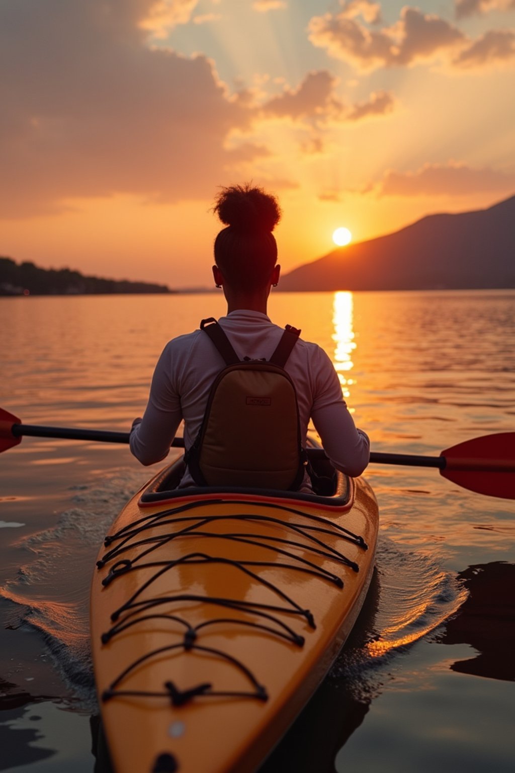 woman as explorer kayaking in a serene lake with a mesmerizing sunset backdrop