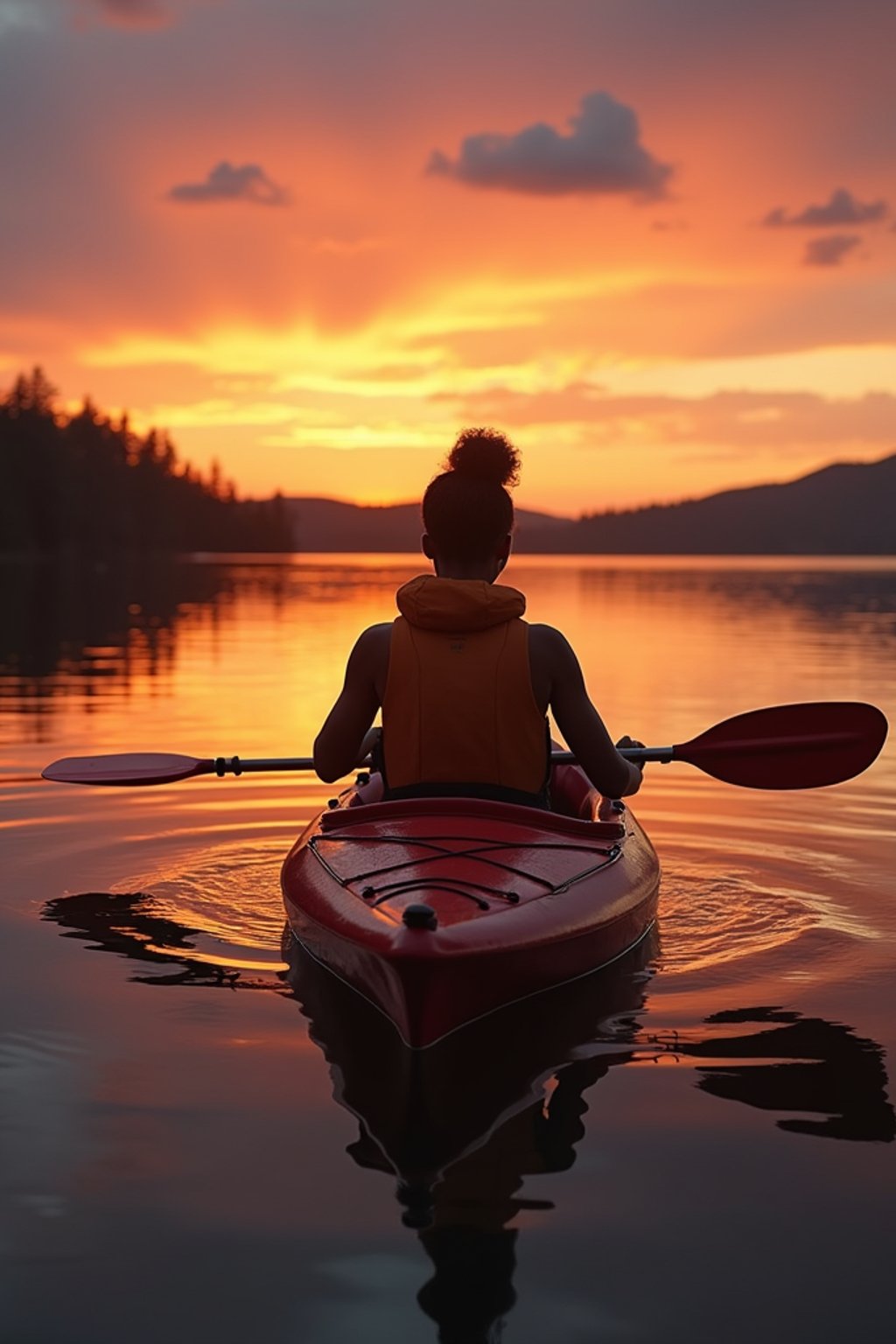 woman as explorer kayaking in a serene lake with a mesmerizing sunset backdrop