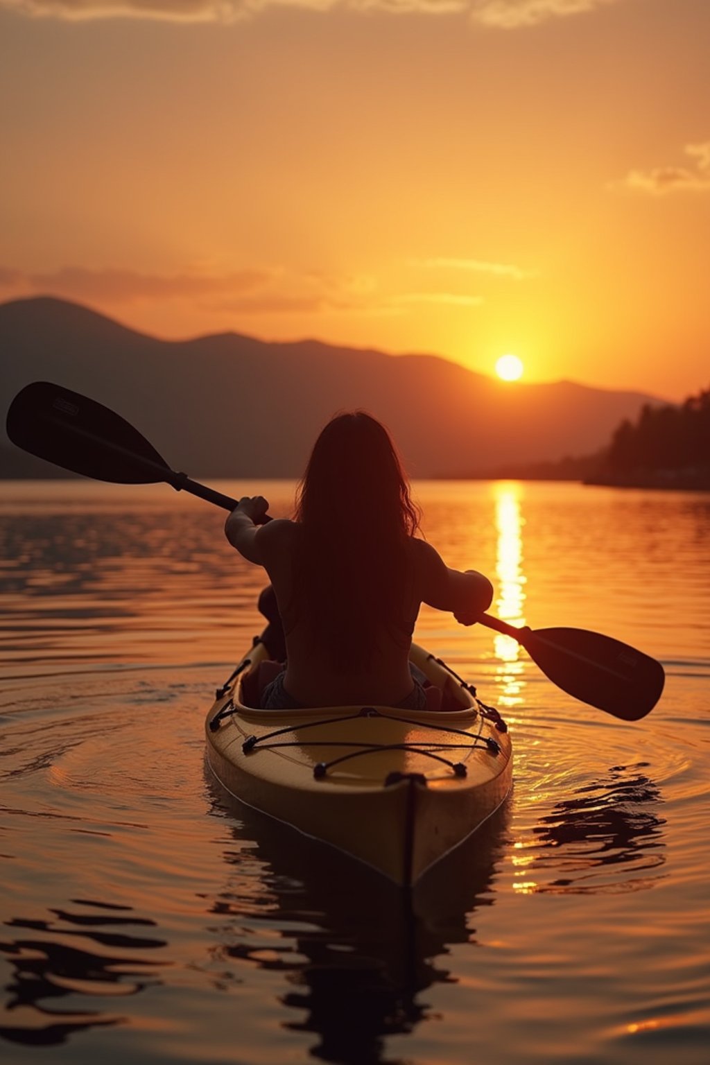 woman as explorer kayaking in a serene lake with a mesmerizing sunset backdrop