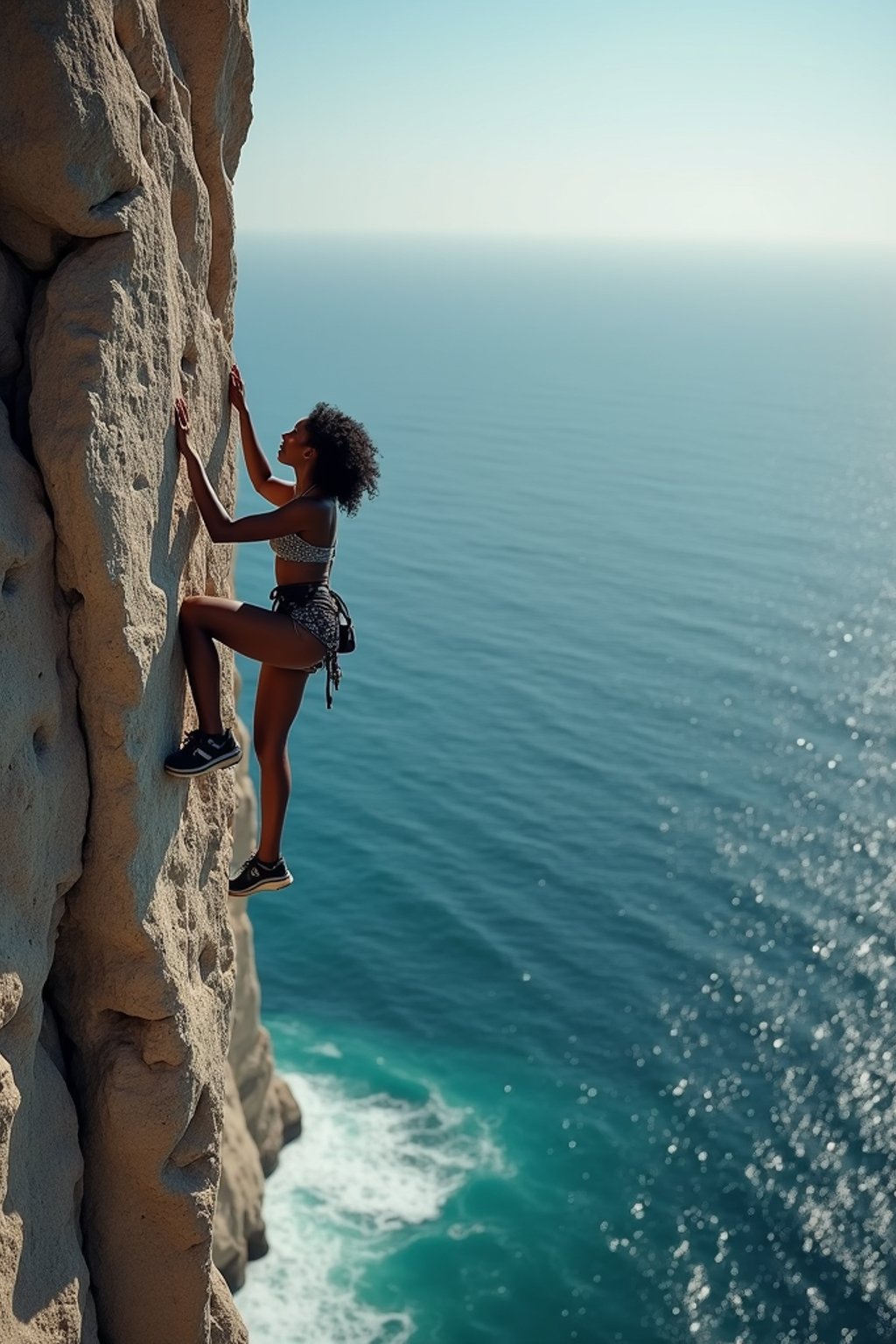 woman as adventurer rock climbing a daunting cliff with a breathtaking sea view