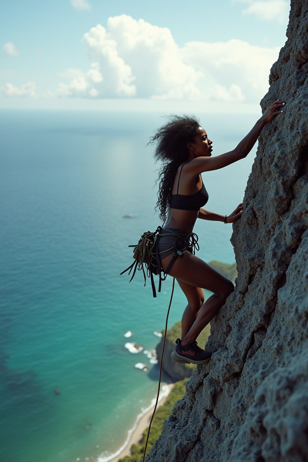 woman as adventurer rock climbing a daunting cliff with a breathtaking sea view