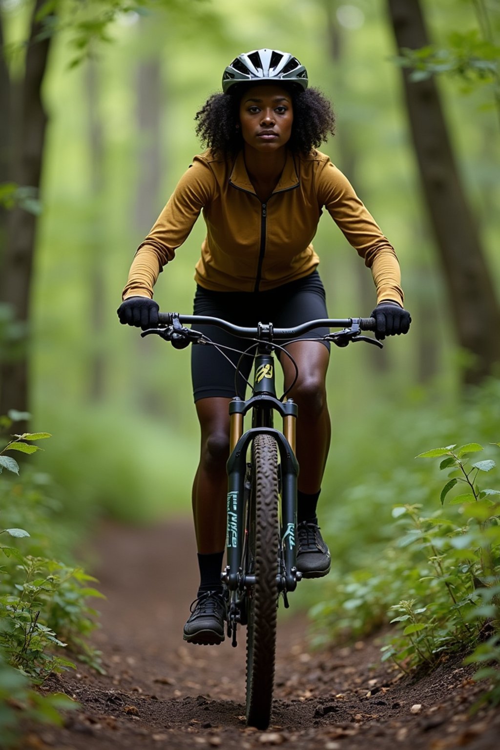 woman as individual mountain biking through a dense forest trail