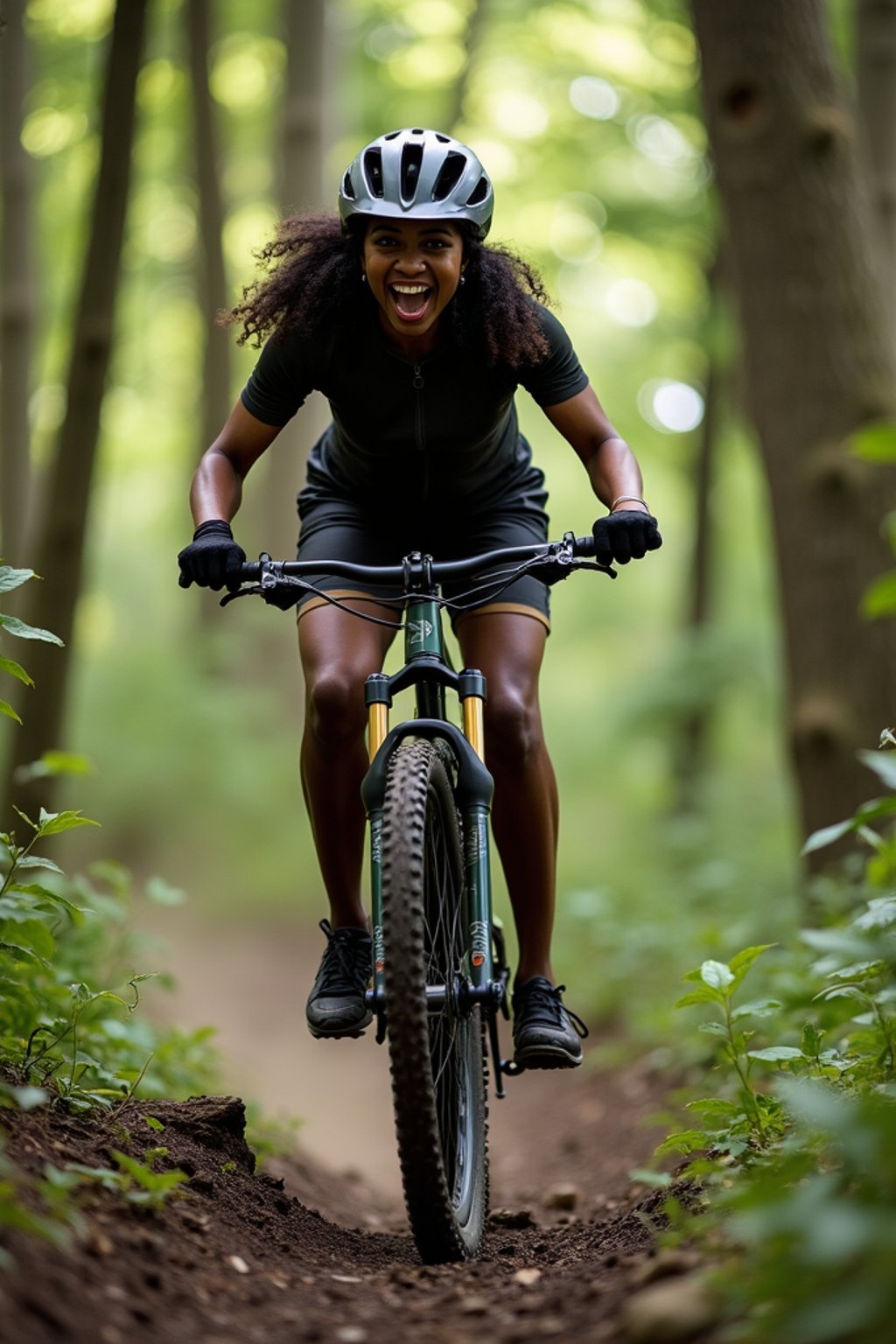 woman as individual mountain biking through a dense forest trail