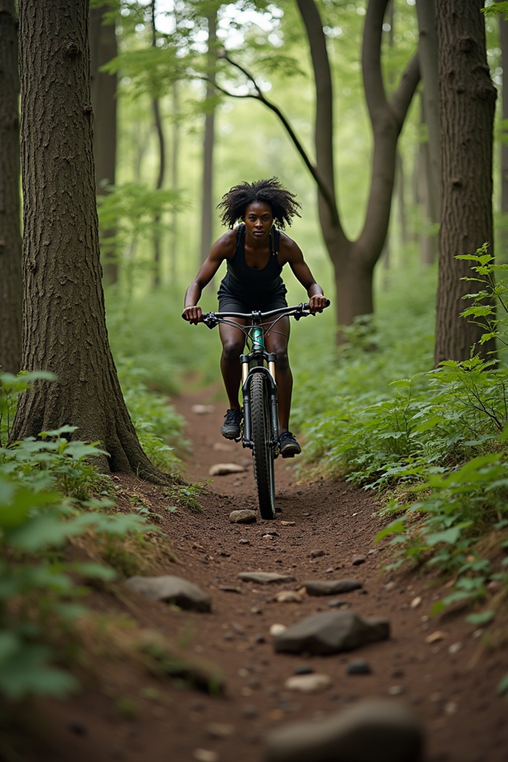 woman as individual mountain biking through a dense forest trail