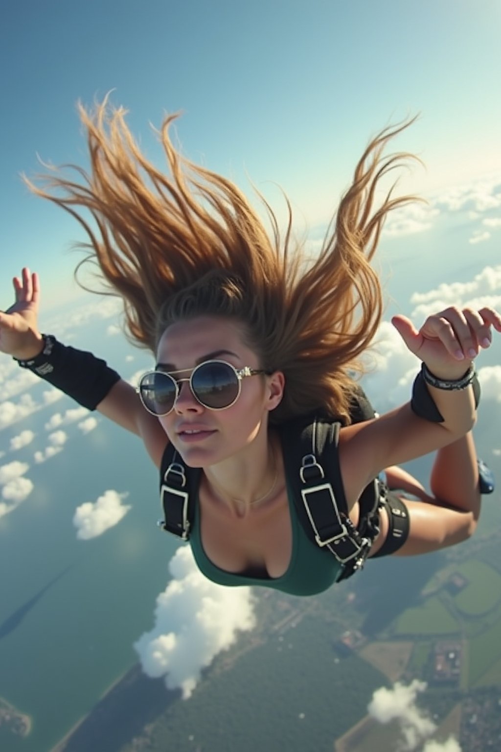 wide shot woman skydiving in the air