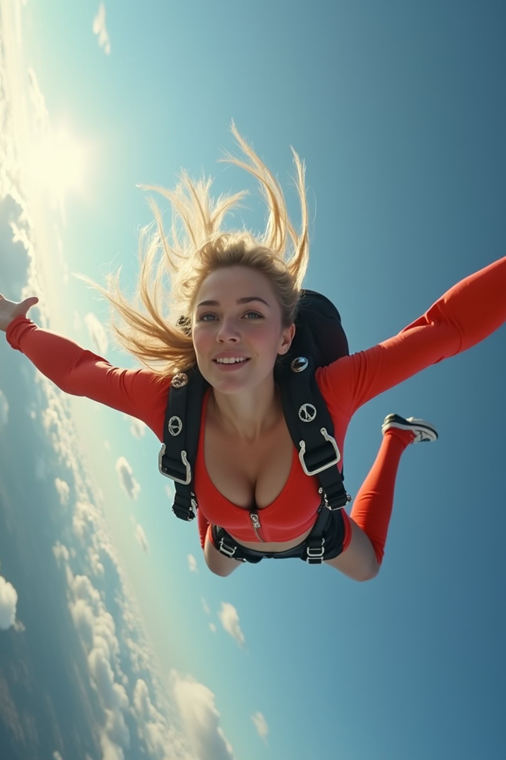 wide shot woman skydiving in the air