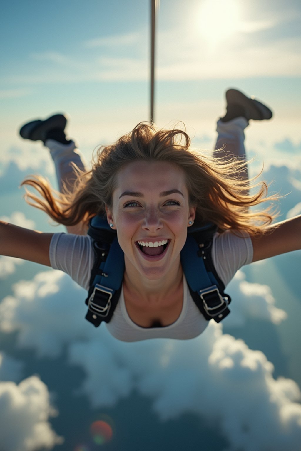 wide shot woman skydiving in the air