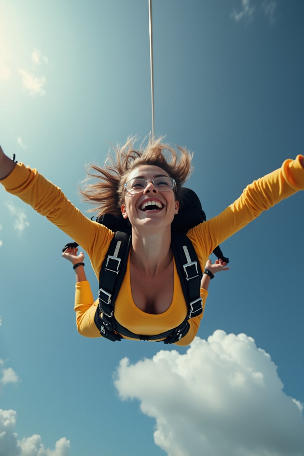 wide shot woman skydiving in the air