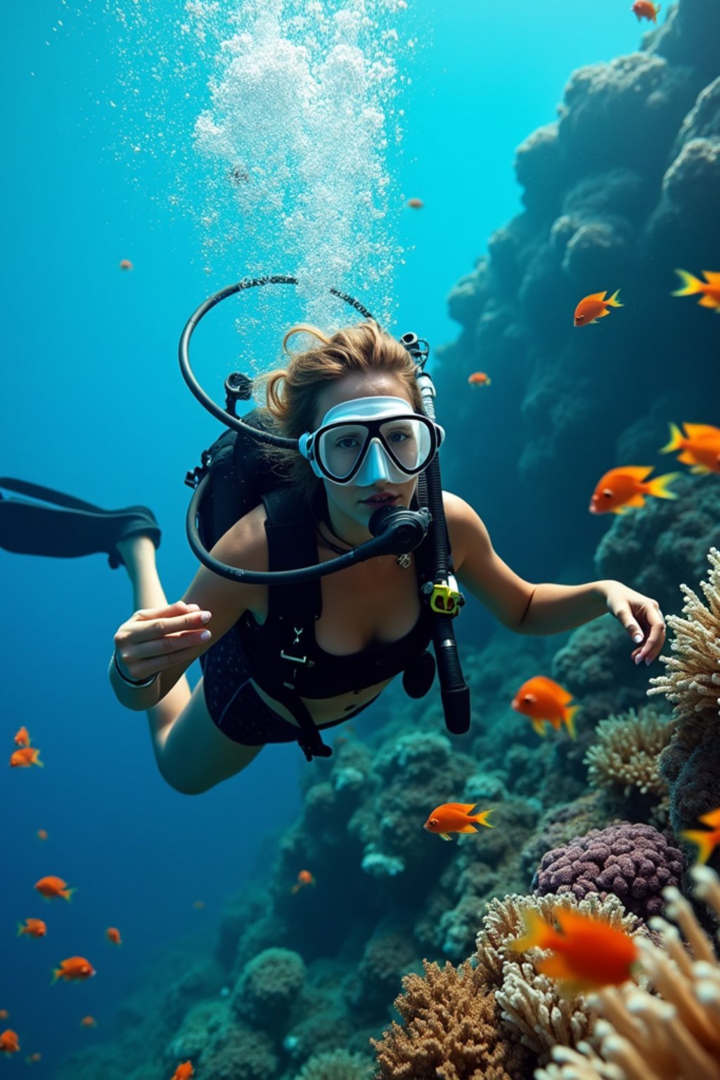 woman scuba diving in a stunning coral reef, surrounded by colorful fish