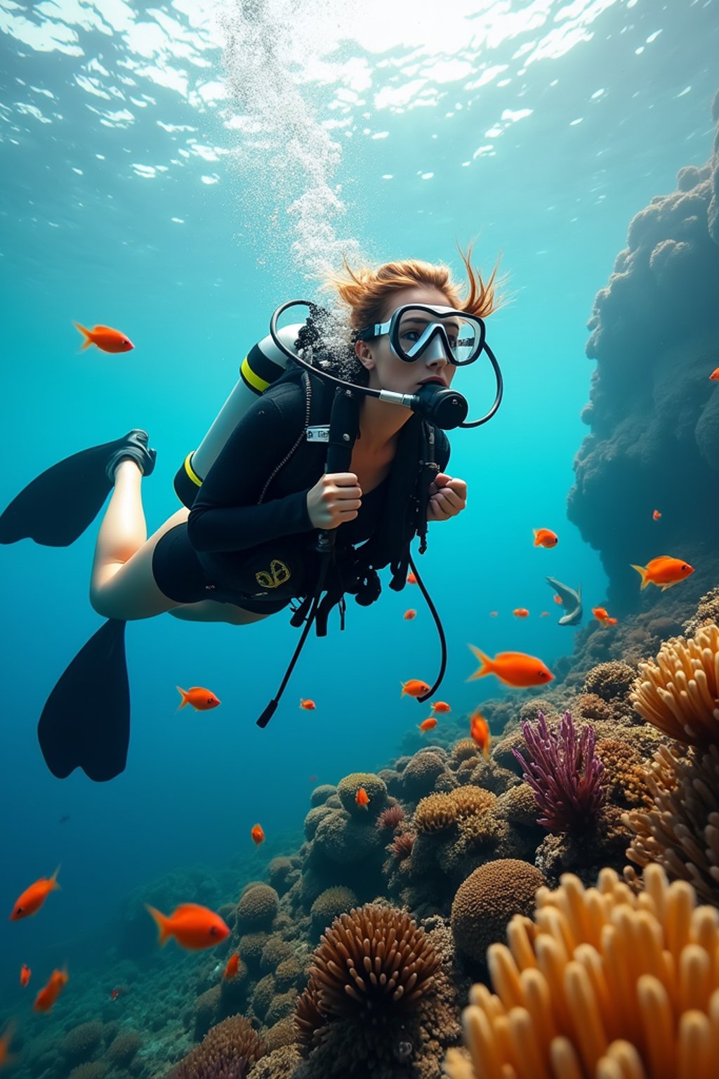 woman scuba diving in a stunning coral reef, surrounded by colorful fish