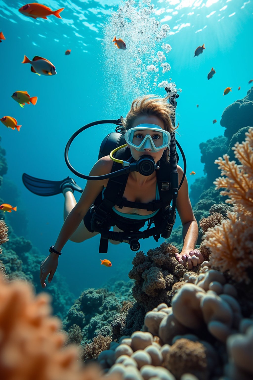 woman scuba diving in a stunning coral reef, surrounded by colorful fish