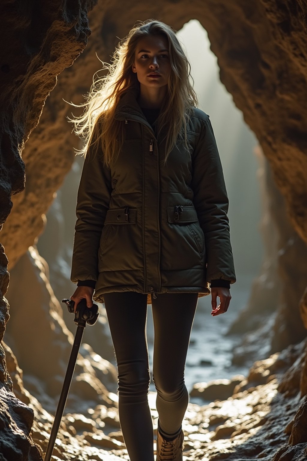 woman as individual hiking through an impressive cave system