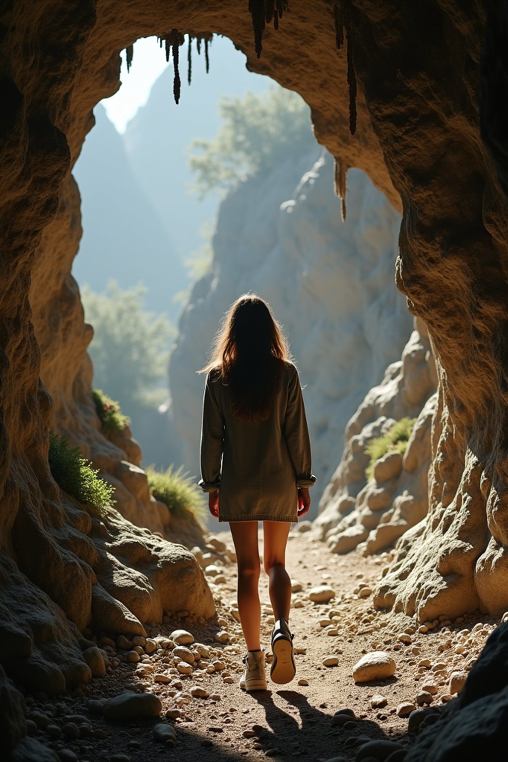 woman as individual hiking through an impressive cave system