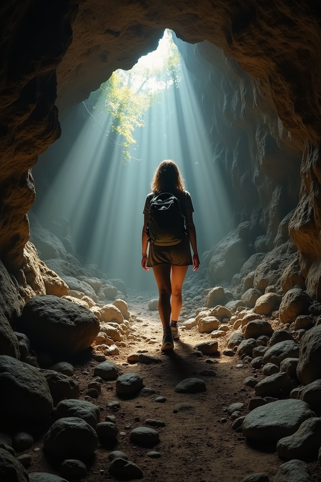 woman as individual hiking through an impressive cave system