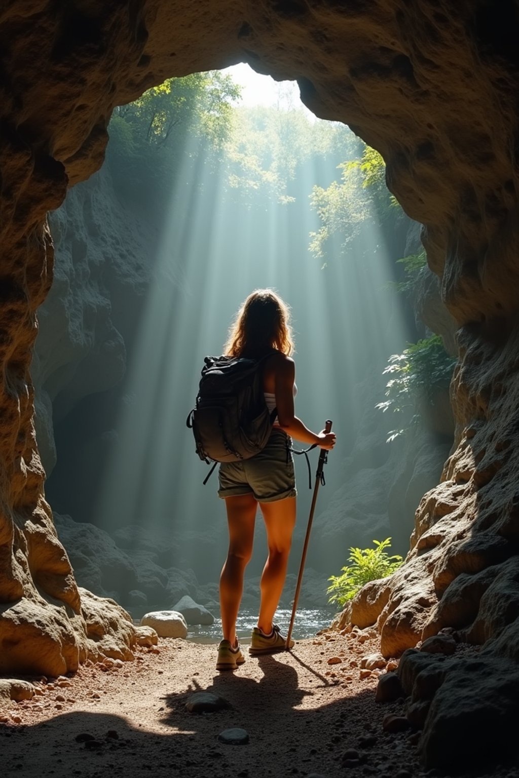 woman as individual hiking through an impressive cave system