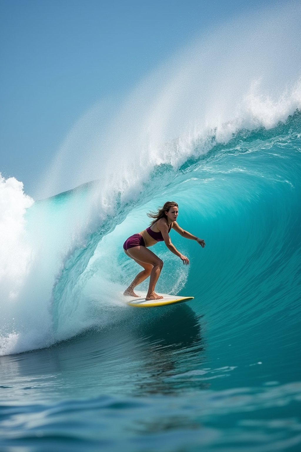 woman as individual surfing a massive wave in a clear, blue ocean