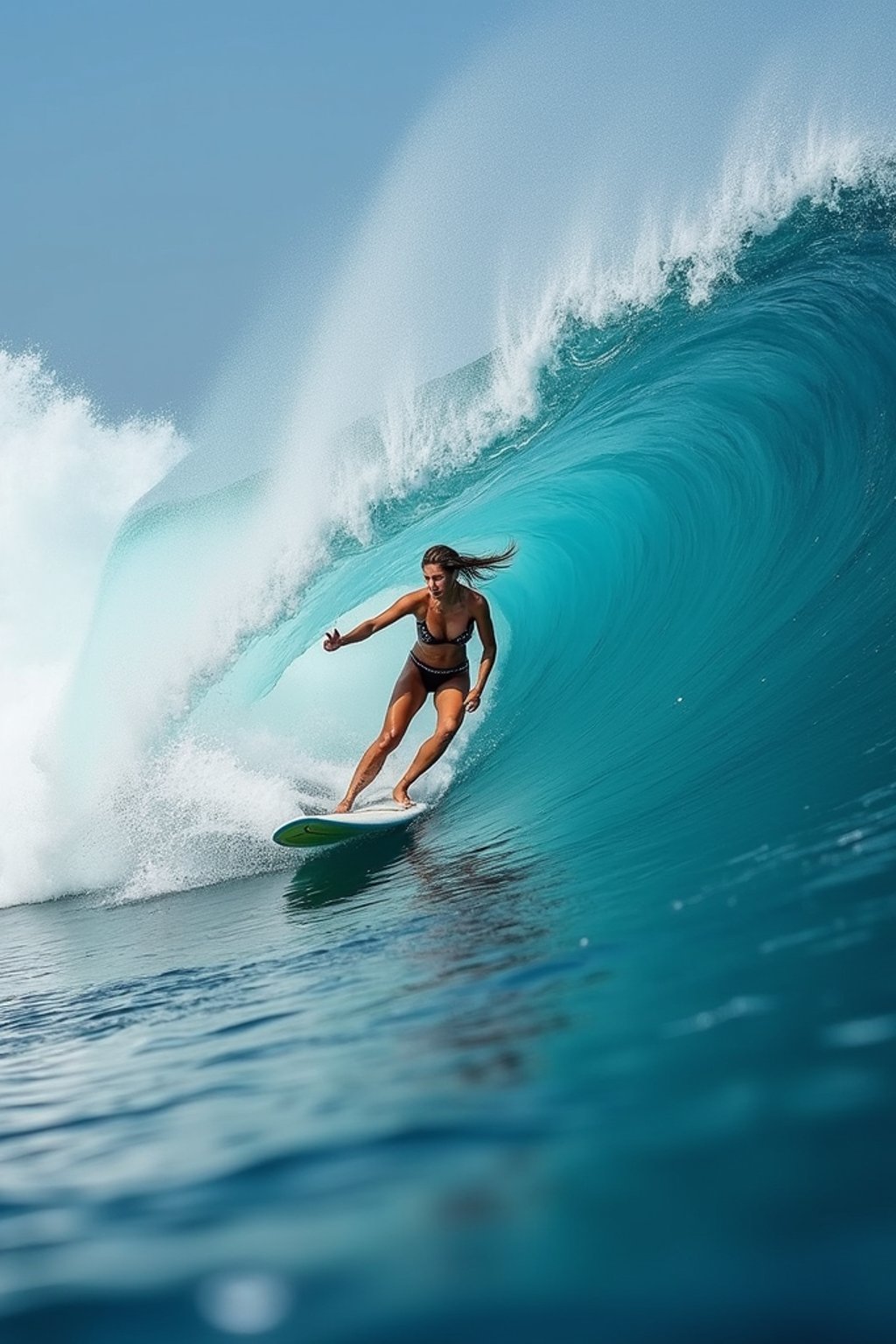 woman as individual surfing a massive wave in a clear, blue ocean