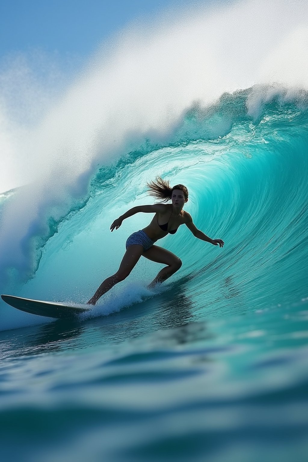 woman as individual surfing a massive wave in a clear, blue ocean