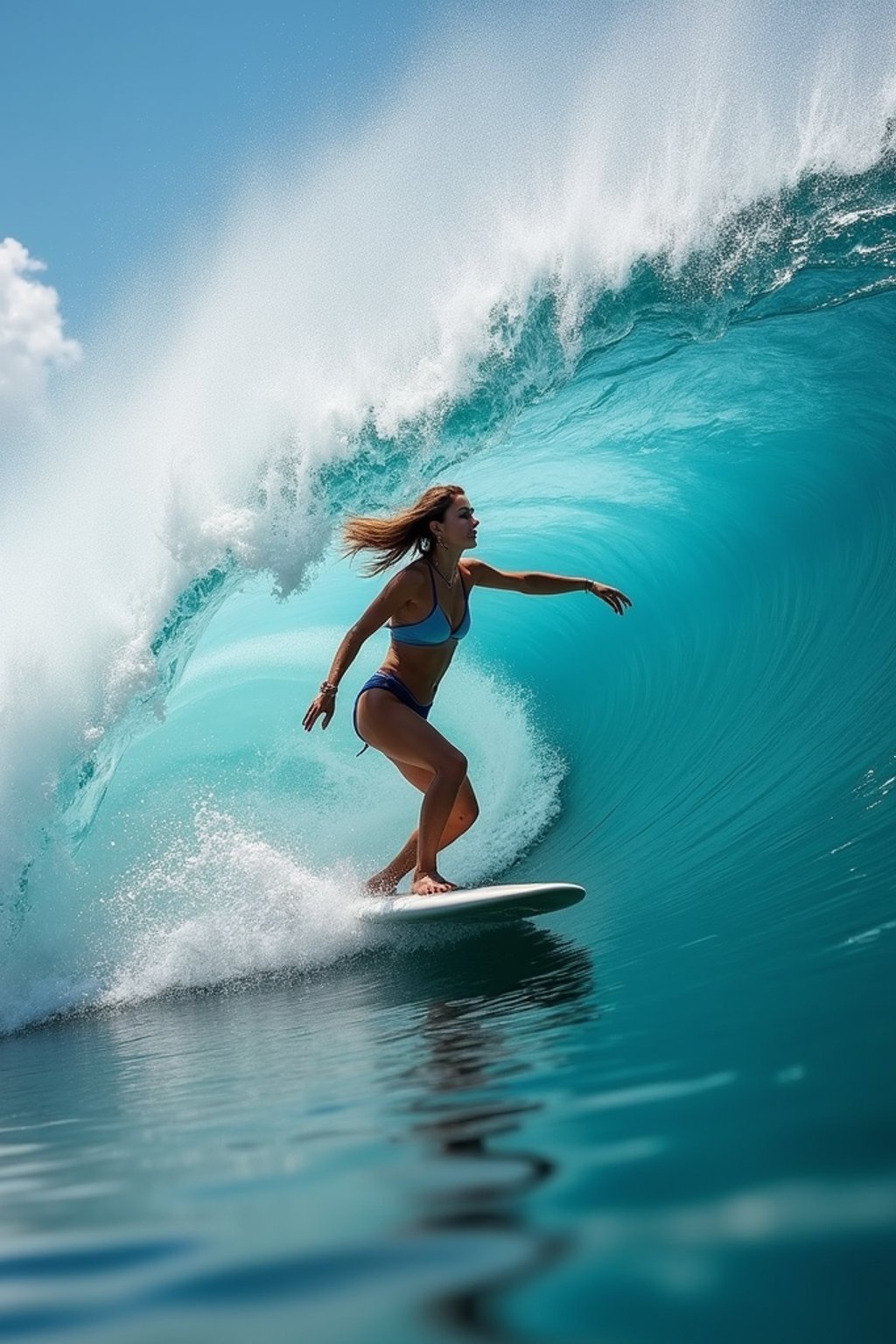 woman as individual surfing a massive wave in a clear, blue ocean