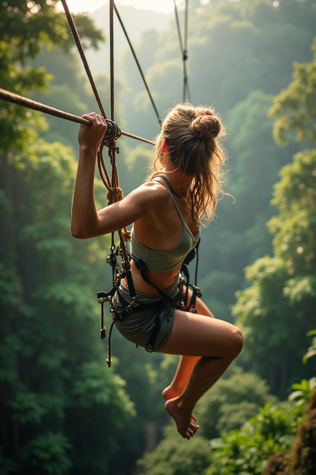 woman zip-lining through a tropical rainforest canopy