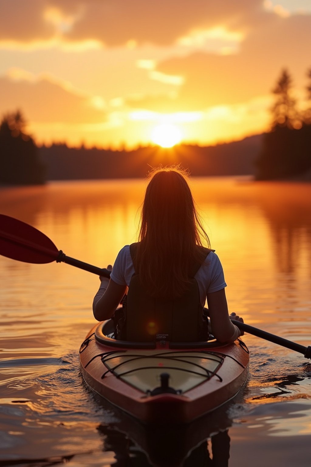 woman as explorer kayaking in a serene lake with a mesmerizing sunset backdrop