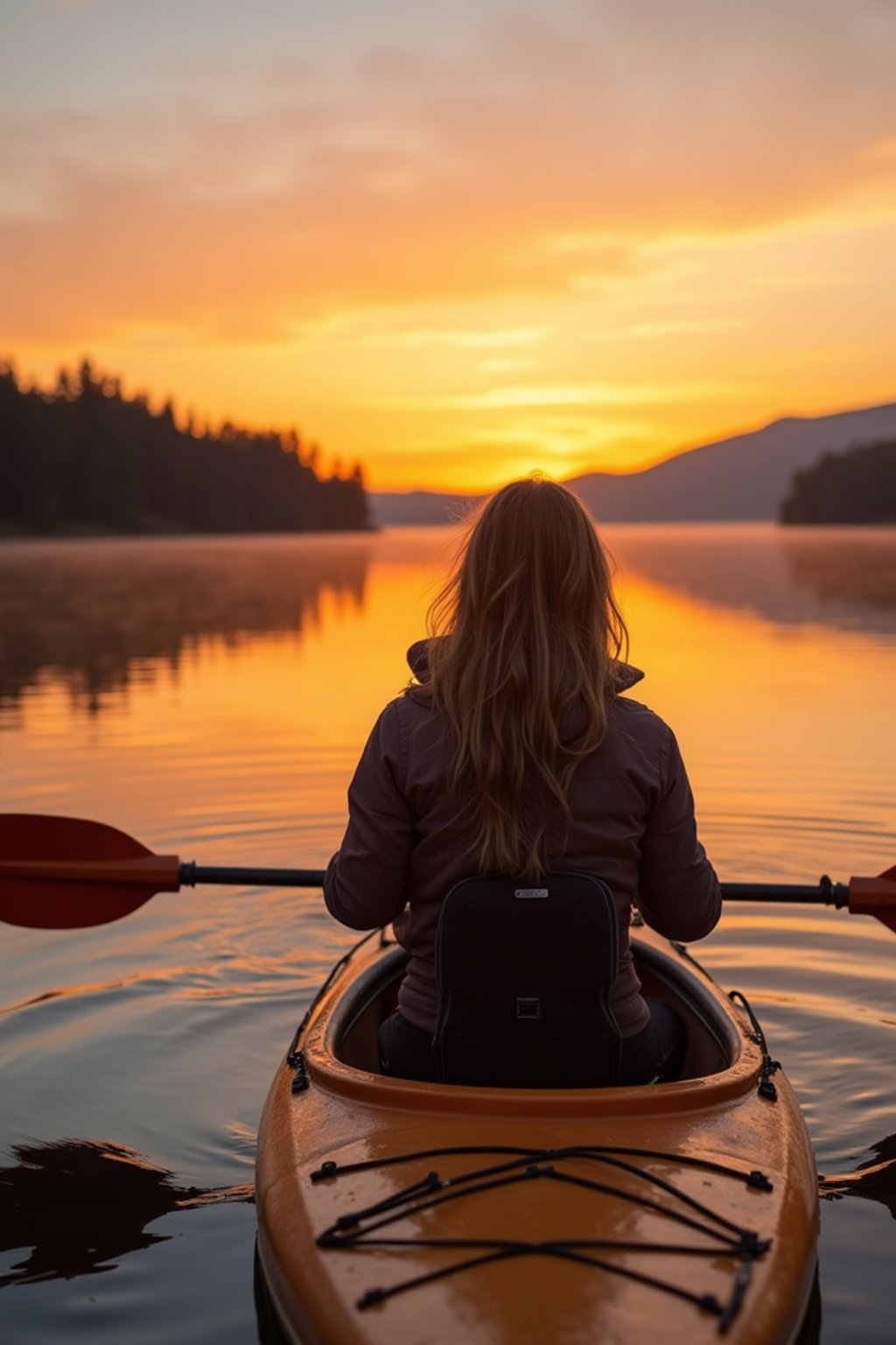 woman as explorer kayaking in a serene lake with a mesmerizing sunset backdrop