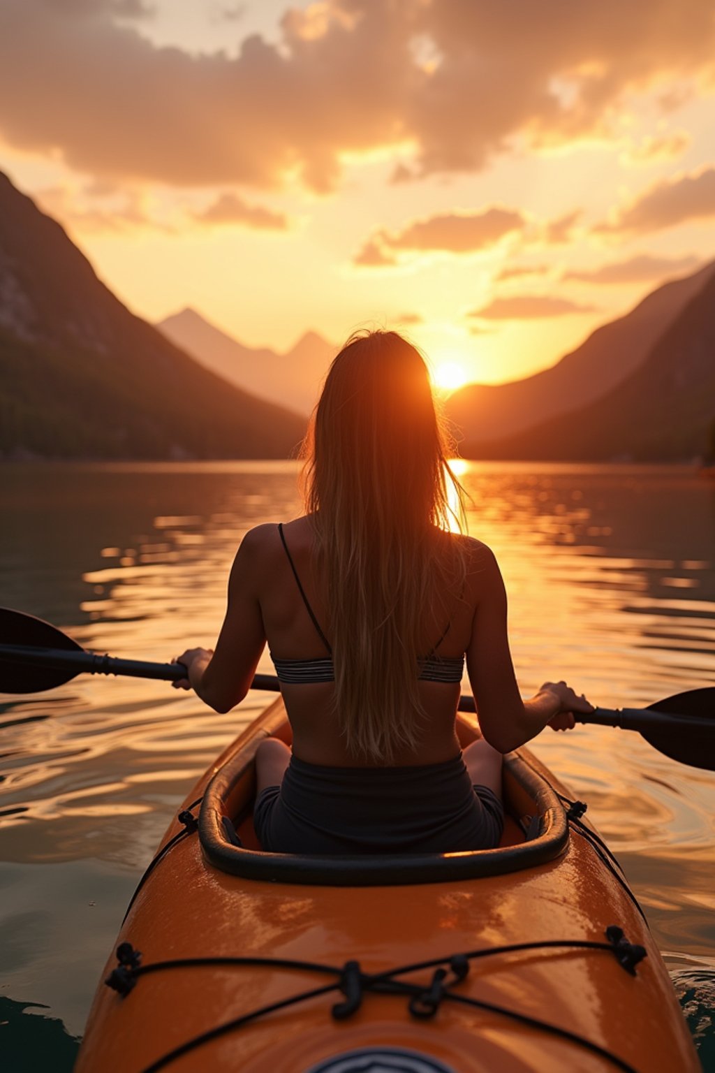 woman as explorer kayaking in a serene lake with a mesmerizing sunset backdrop