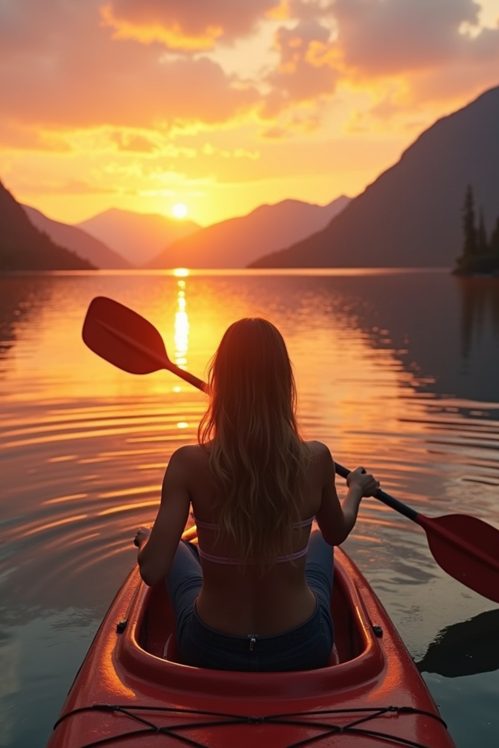 woman as explorer kayaking in a serene lake with a mesmerizing sunset backdrop