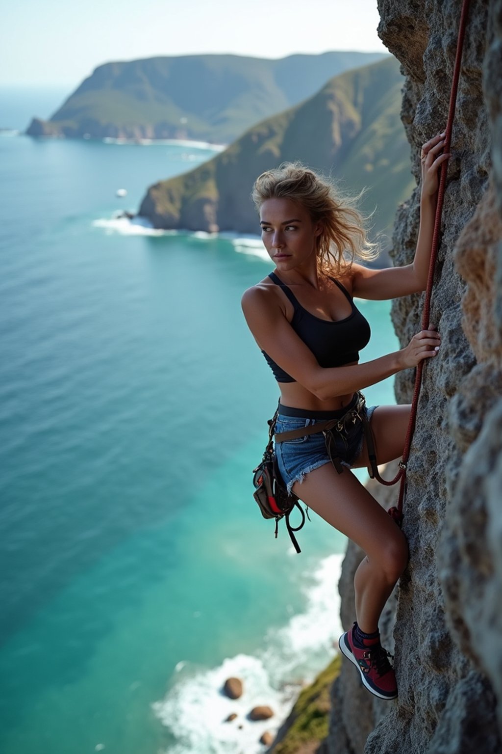 woman as adventurer rock climbing a daunting cliff with a breathtaking sea view