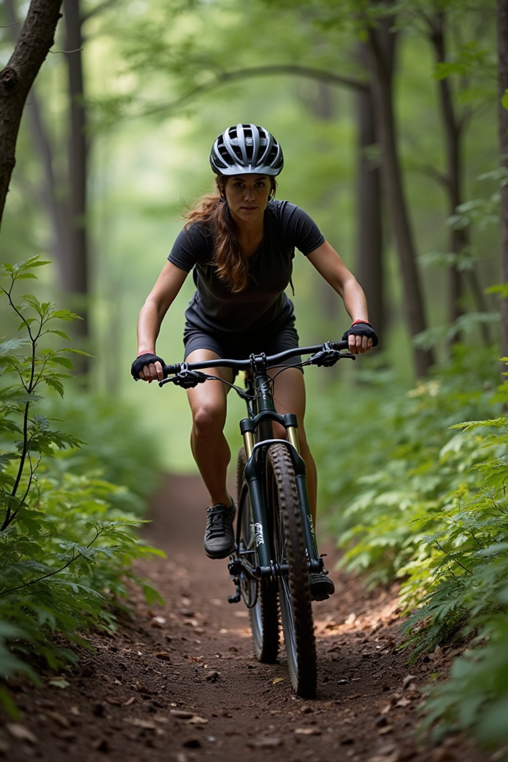 woman as individual mountain biking through a dense forest trail