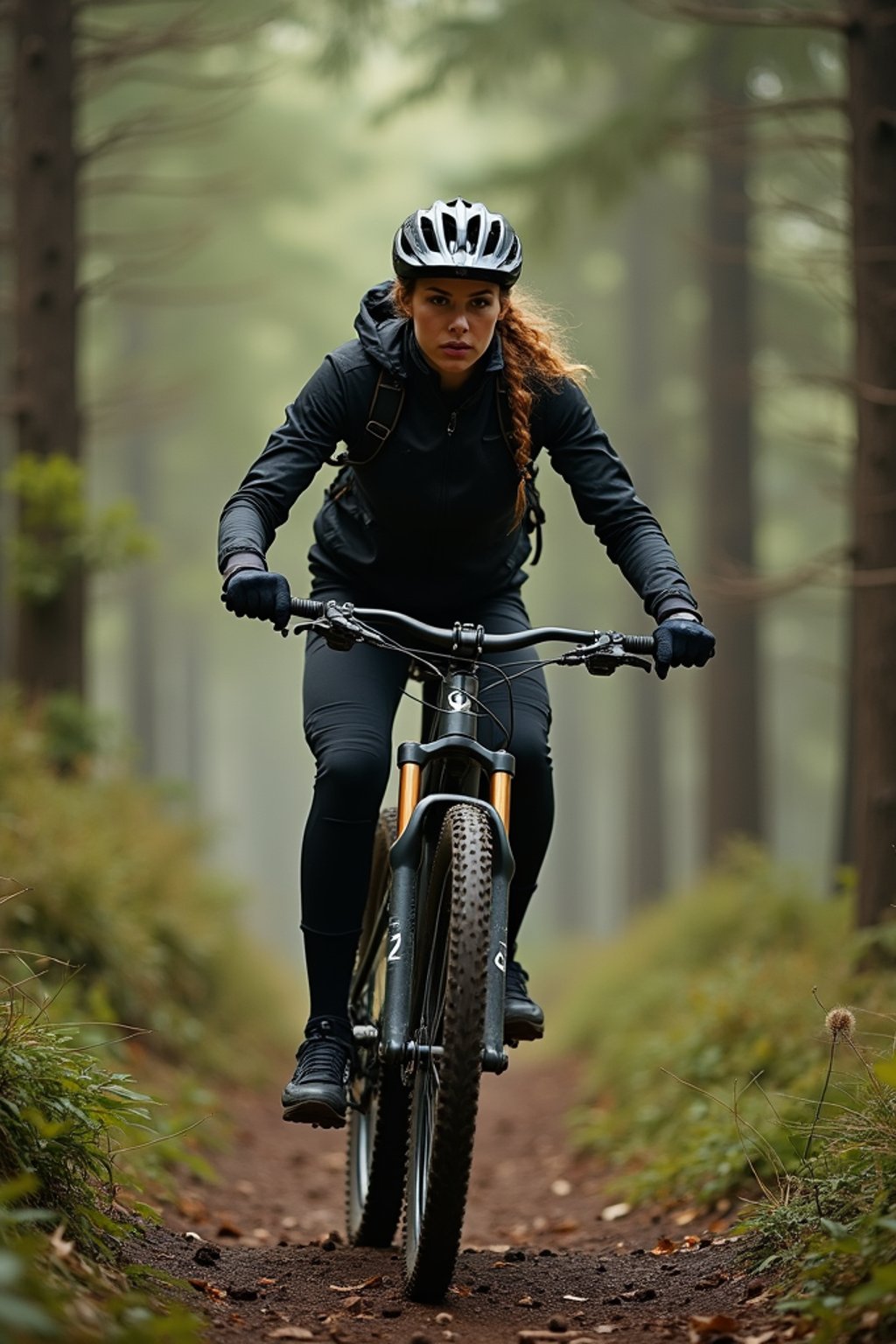 woman as individual mountain biking through a dense forest trail