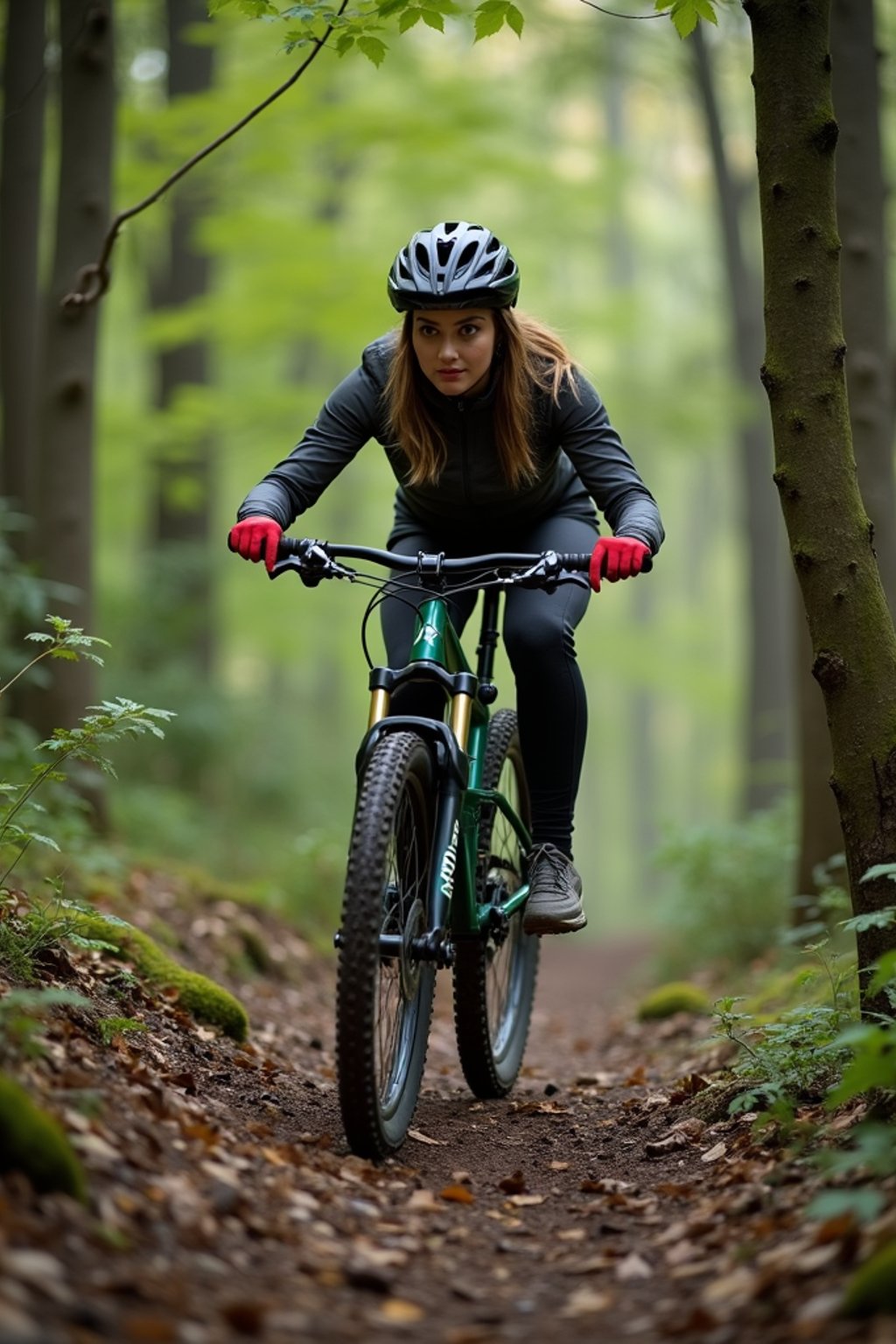 woman as individual mountain biking through a dense forest trail