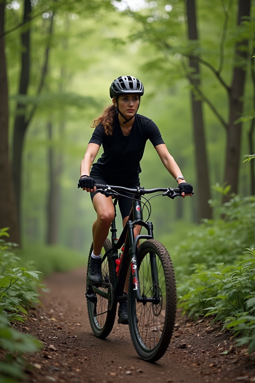 woman as individual mountain biking through a dense forest trail