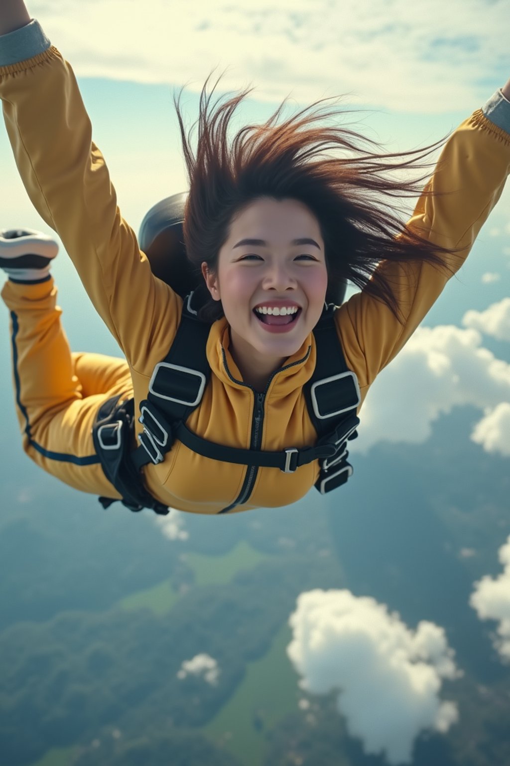 wide shot woman skydiving in the air