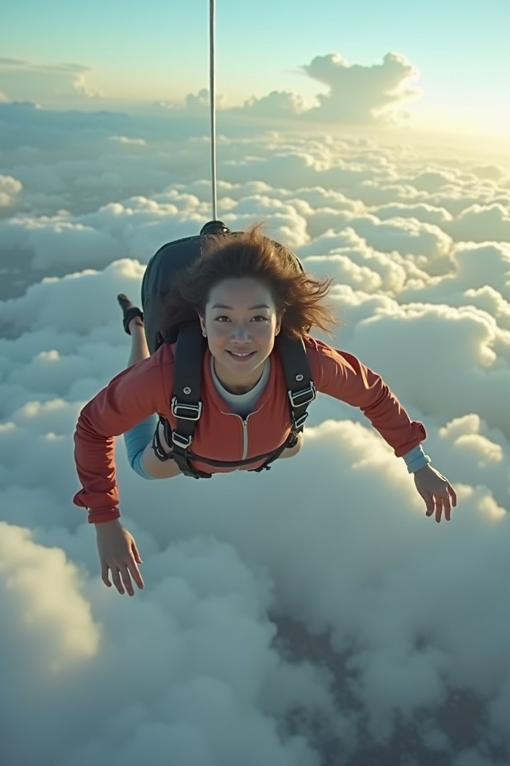 wide shot woman skydiving in the air