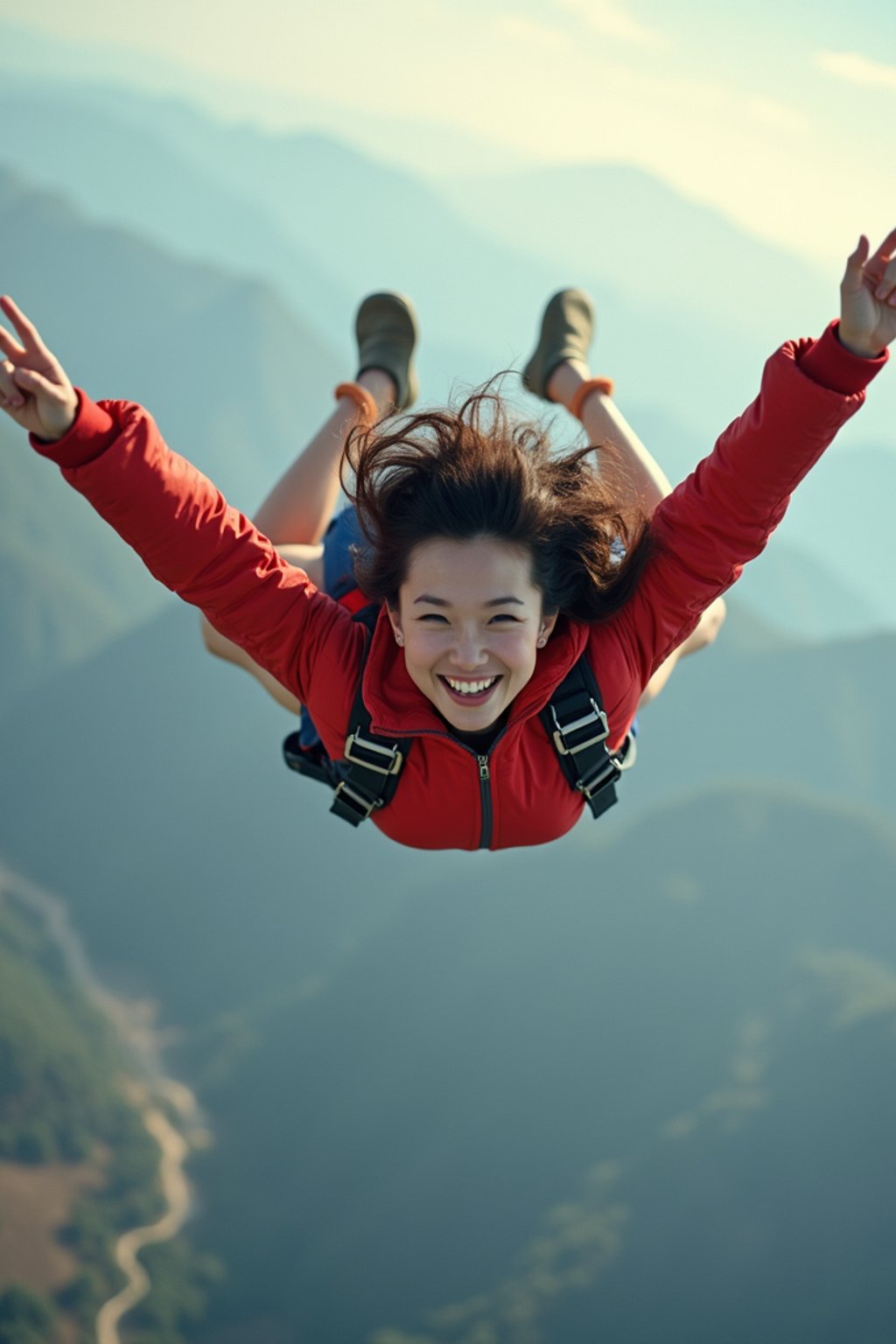 wide shot woman skydiving in the air