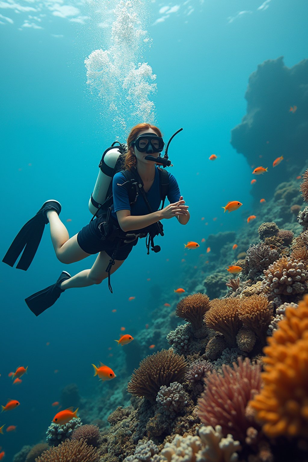 woman scuba diving in a stunning coral reef, surrounded by colorful fish