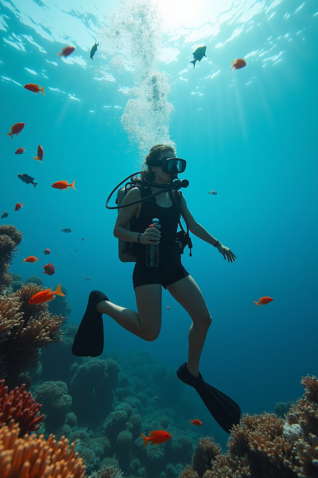 woman scuba diving in a stunning coral reef, surrounded by colorful fish