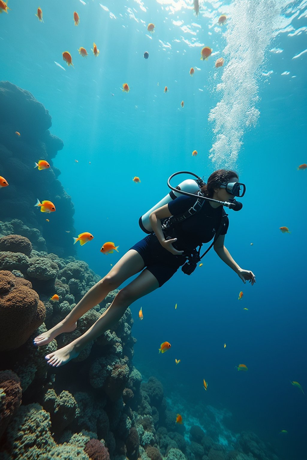 woman scuba diving in a stunning coral reef, surrounded by colorful fish