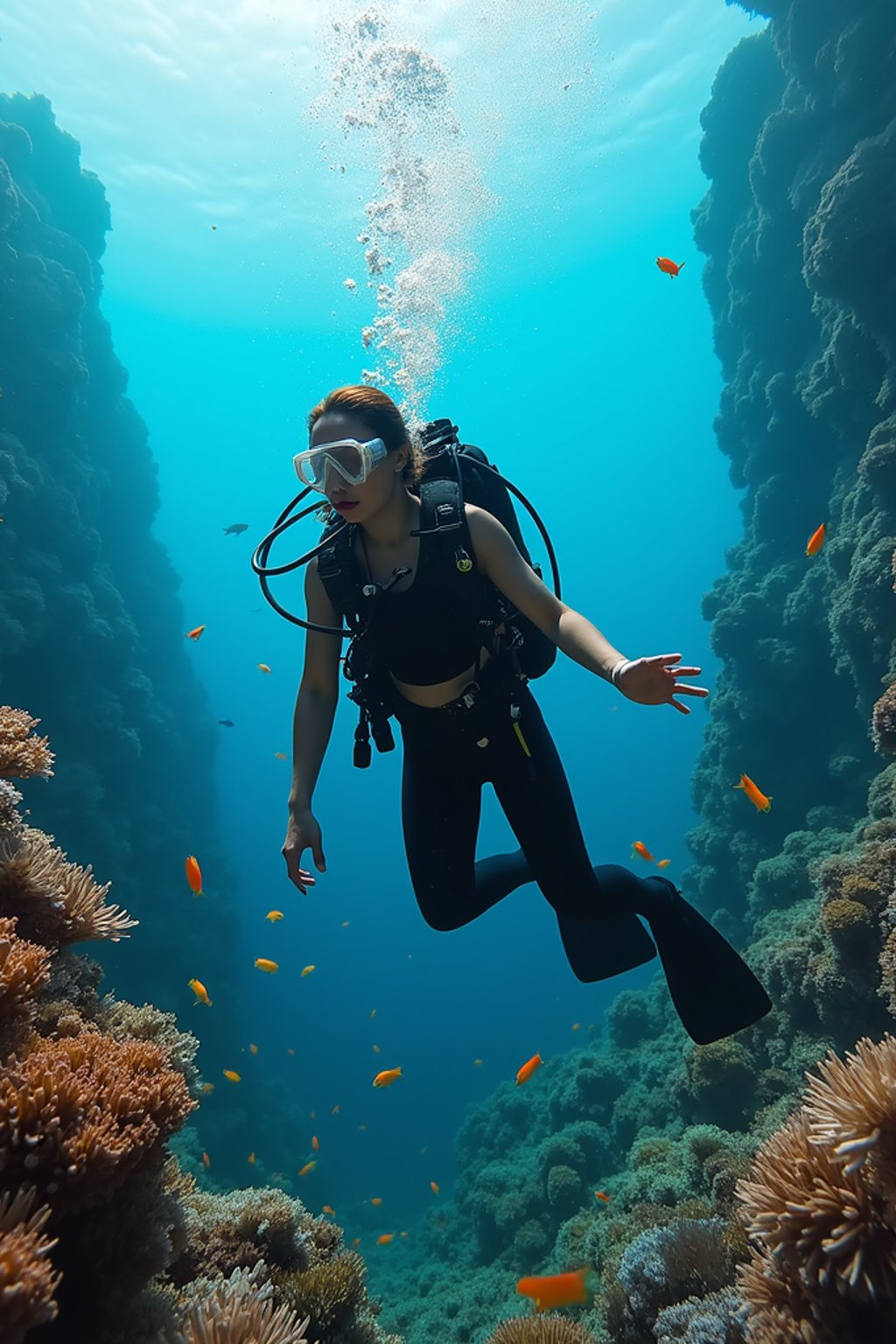 woman scuba diving in a stunning coral reef, surrounded by colorful fish