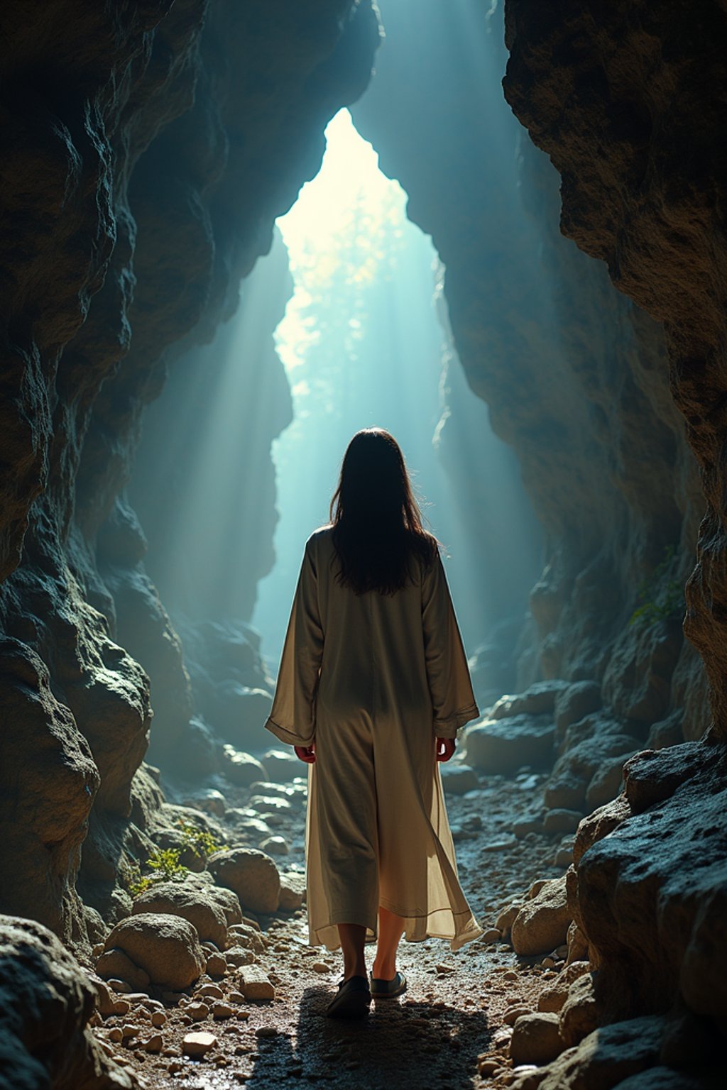 woman as individual hiking through an impressive cave system